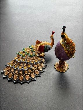 2 Jeweled Enamel Peacock Trinket Boxes Hinged Crystal Rhinestone Faberge Style